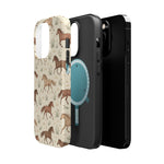 Wild Mustangs – Western Horse Pattern MagSafe Phone Case, glossy square triple-camera Pro model, exploded shell and liner with magnetic ring