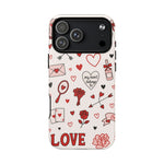 Romantic Love Doodle Tough iPhone Case ("LOVE", hearts, roses) (MagSafe compatible)  Shamo's iPhone 17 Pro Max / Matte