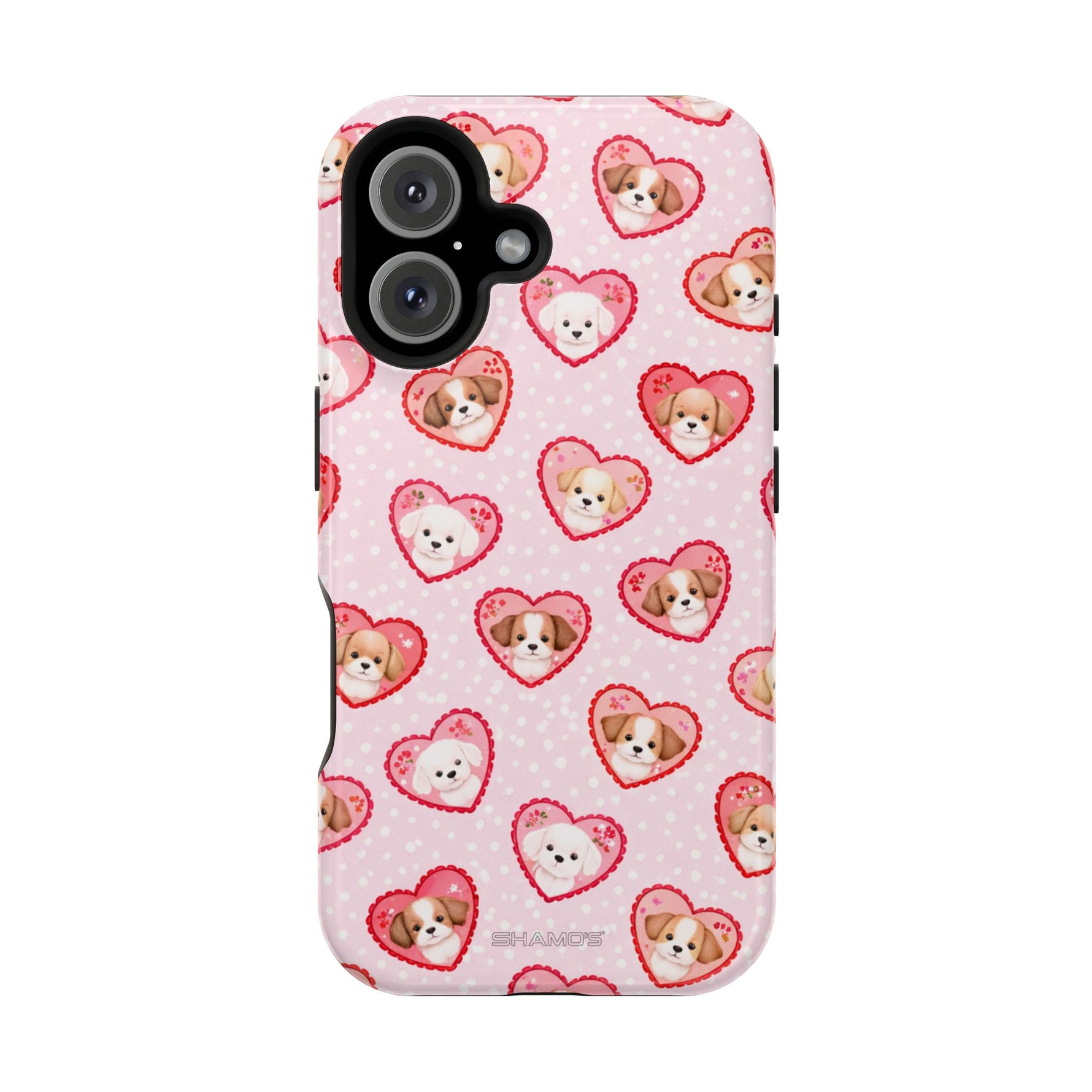 Pink Puppy Heart Pattern MagSafe Impact-Resistant iPhone Case, Valentine Phone Cover