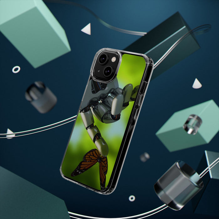 Clear Cases for iPhone 14 Series with Robotic hand and Butterfly.