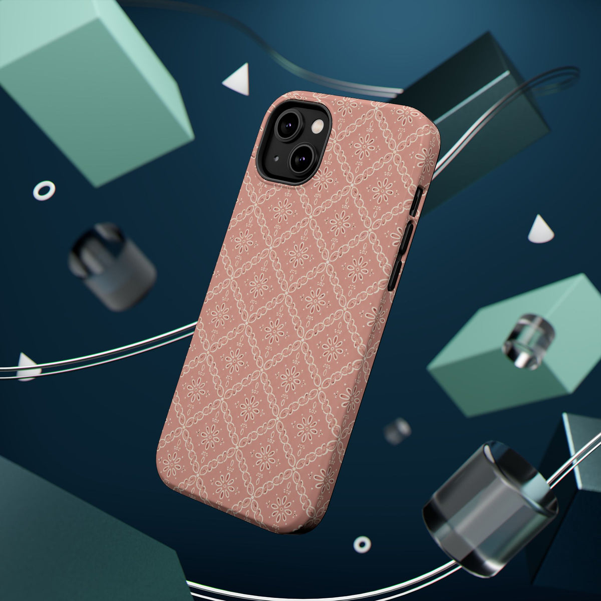 Meadow Lace – Blush Pink Lace Pattern MagSafe Phone Case, glossy diagonal dual-camera model, rear view with magnetic accessories