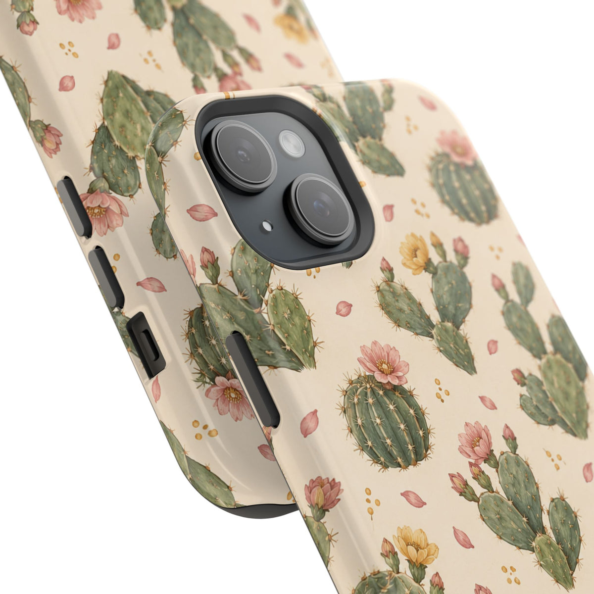 Cactus Bloom – Sage Green Floral Cactus MagSafe Phone Case, glossy diagonal dual-camera model, camera and side-button close-up