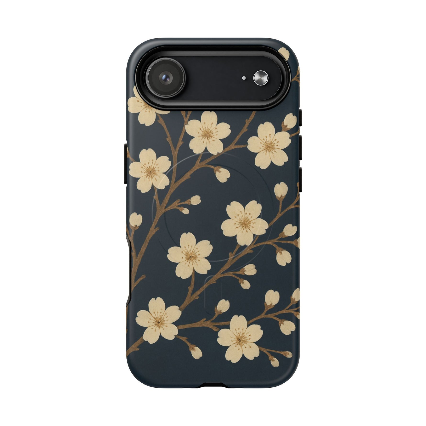 Navy Cherry Blossom Floral iPhone Case - Compatible with MagSafe - Shamo's