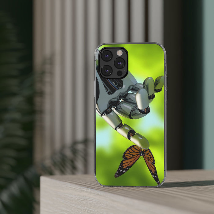 Clear Cases for iPhone 14 Series with Robotic hand and Butterfly.