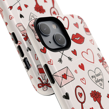 Romantic Love Doodle Tough iPhone Case ("LOVE", hearts, roses) (MagSafe compatible)