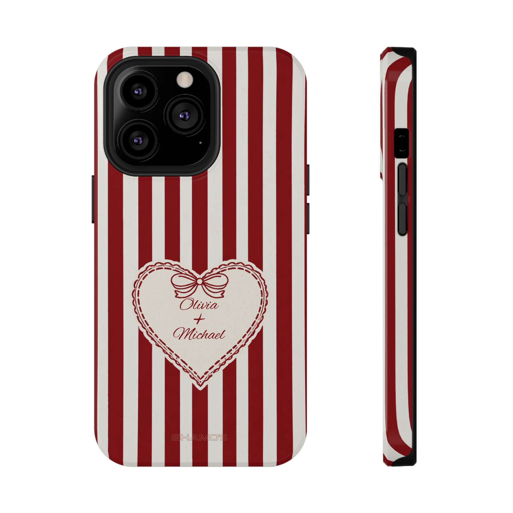Funda personalizada a rayas — Diseño de corazón rojo y blanco (nombres personalizados)