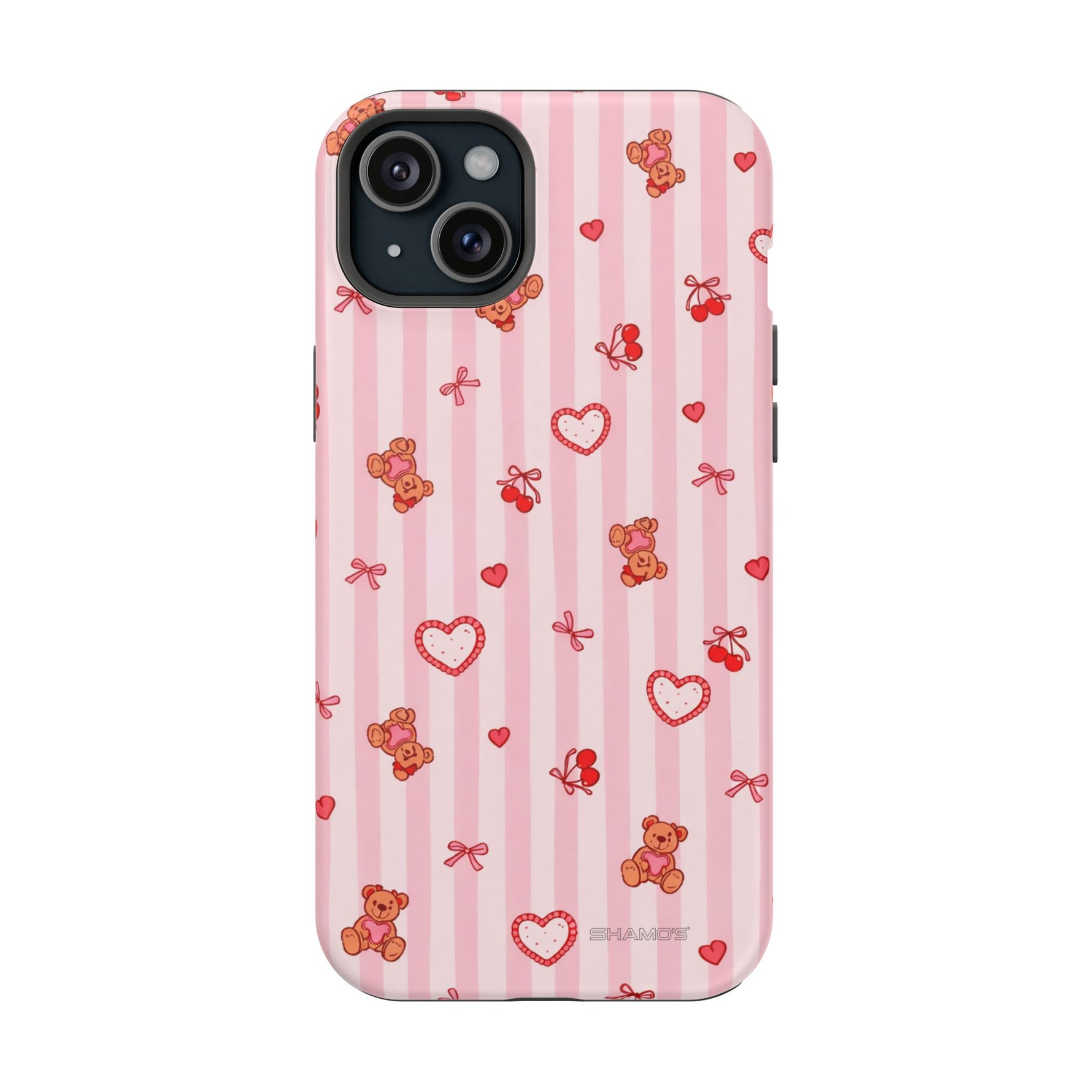 Pink Teddy Hearts Love iPhone Case, Impact-Resistant MagSafe Compatible
