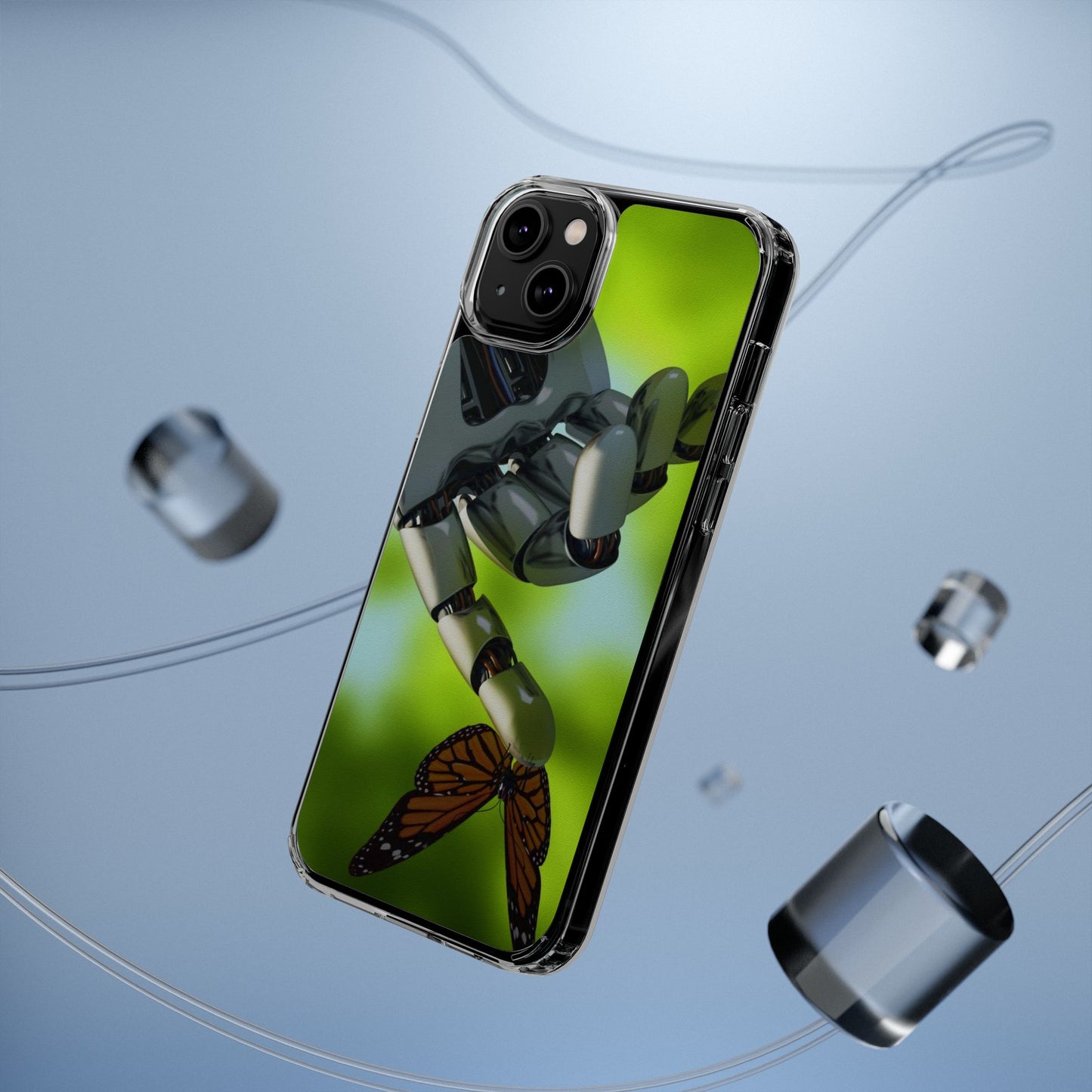 Clear Cases for iPhone 14 Series with Robotic hand and Butterfly.