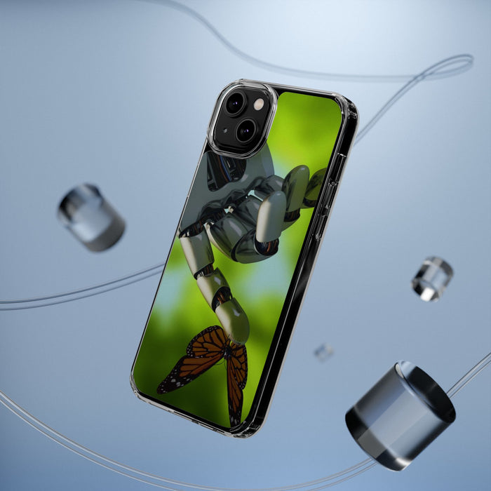 Clear Cases for iPhone 14 Series with Robotic hand and Butterfly.