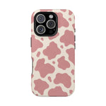 Rose Cowprint – Pink Cow Print MagSafe Phone Case, glossy iPhone 16 Pro, rear view