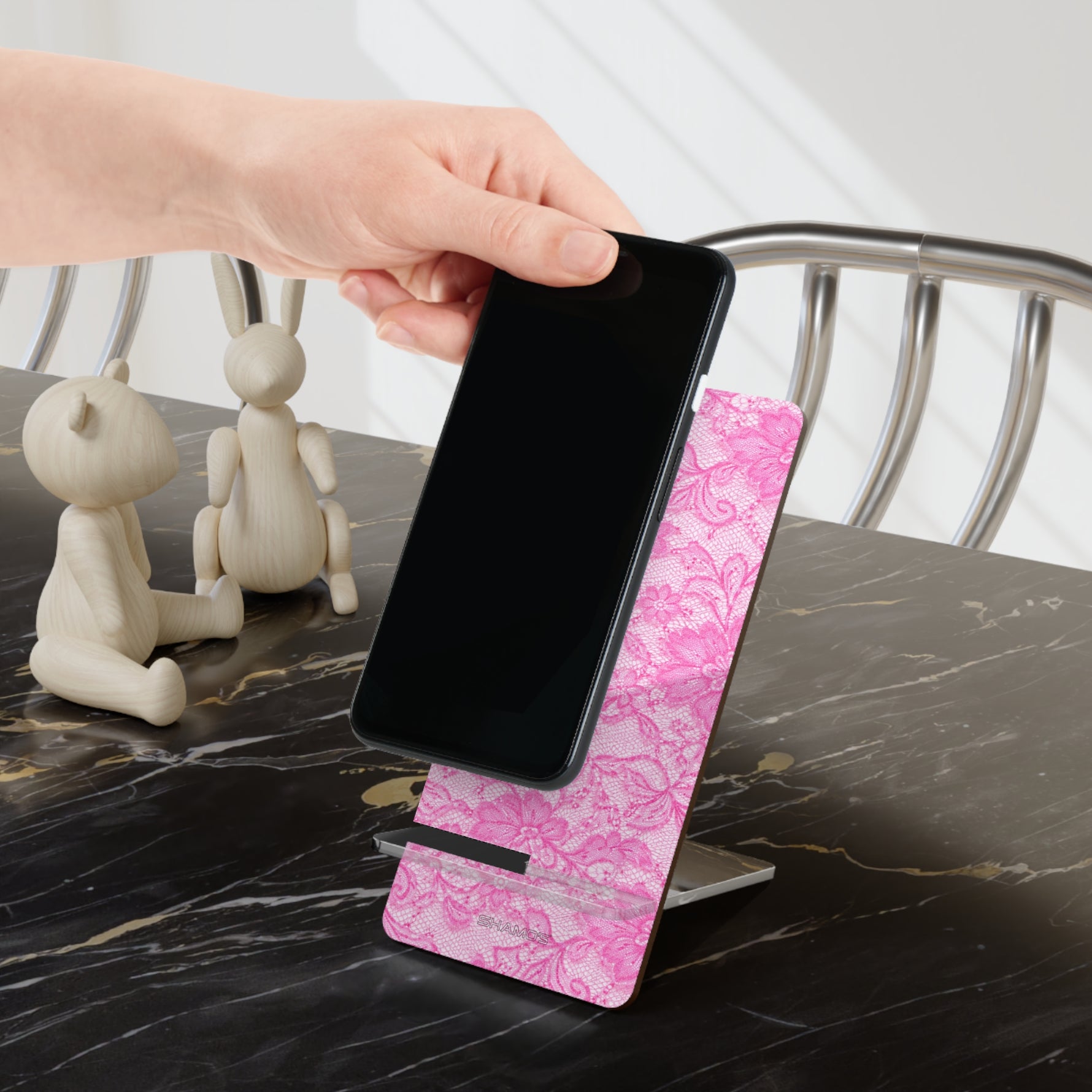 Pink Floral Lace Phone Stand — Foldable Mobile Display Dock