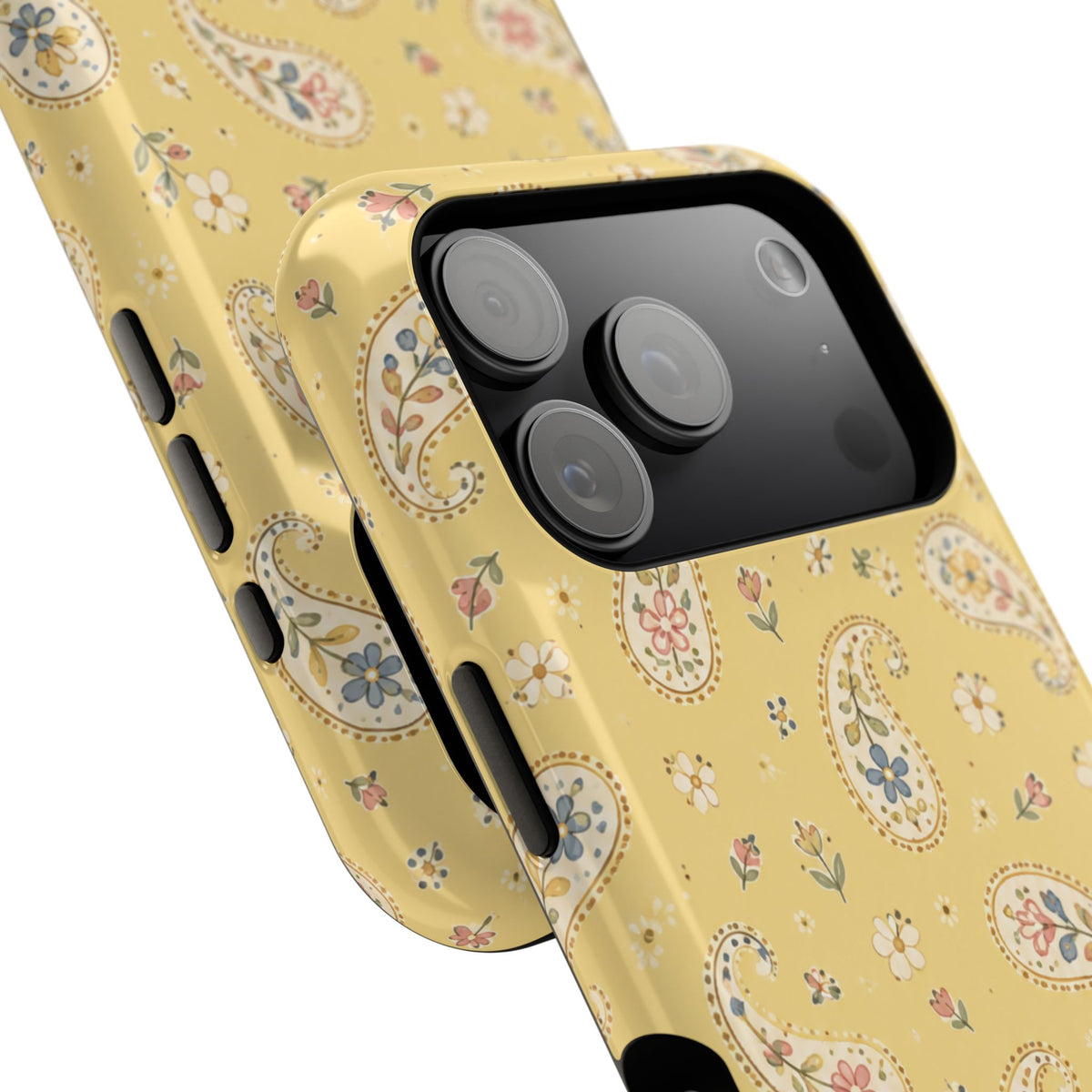 Honey Paisley MagSafe Phone Case, glossy compact wide-camera Pro model, camera and side-button close-up