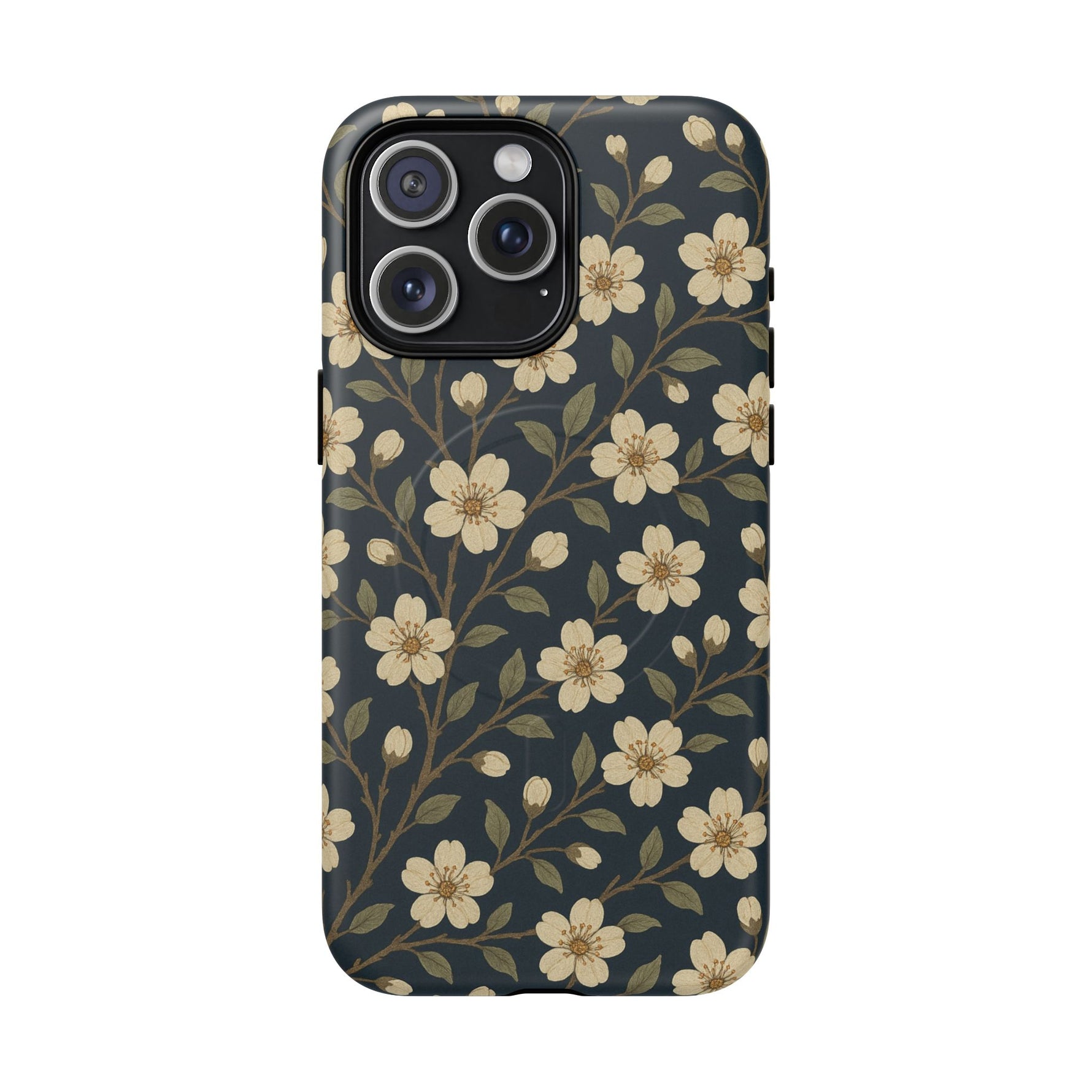 Navy Cherry Blossom Floral iPhone Case - Compatible with MagSafe - Shamo's