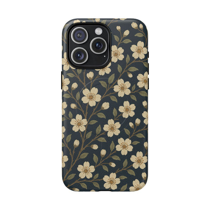Navy Cherry Blossom Floral iPhone Case - Compatible with MagSafe