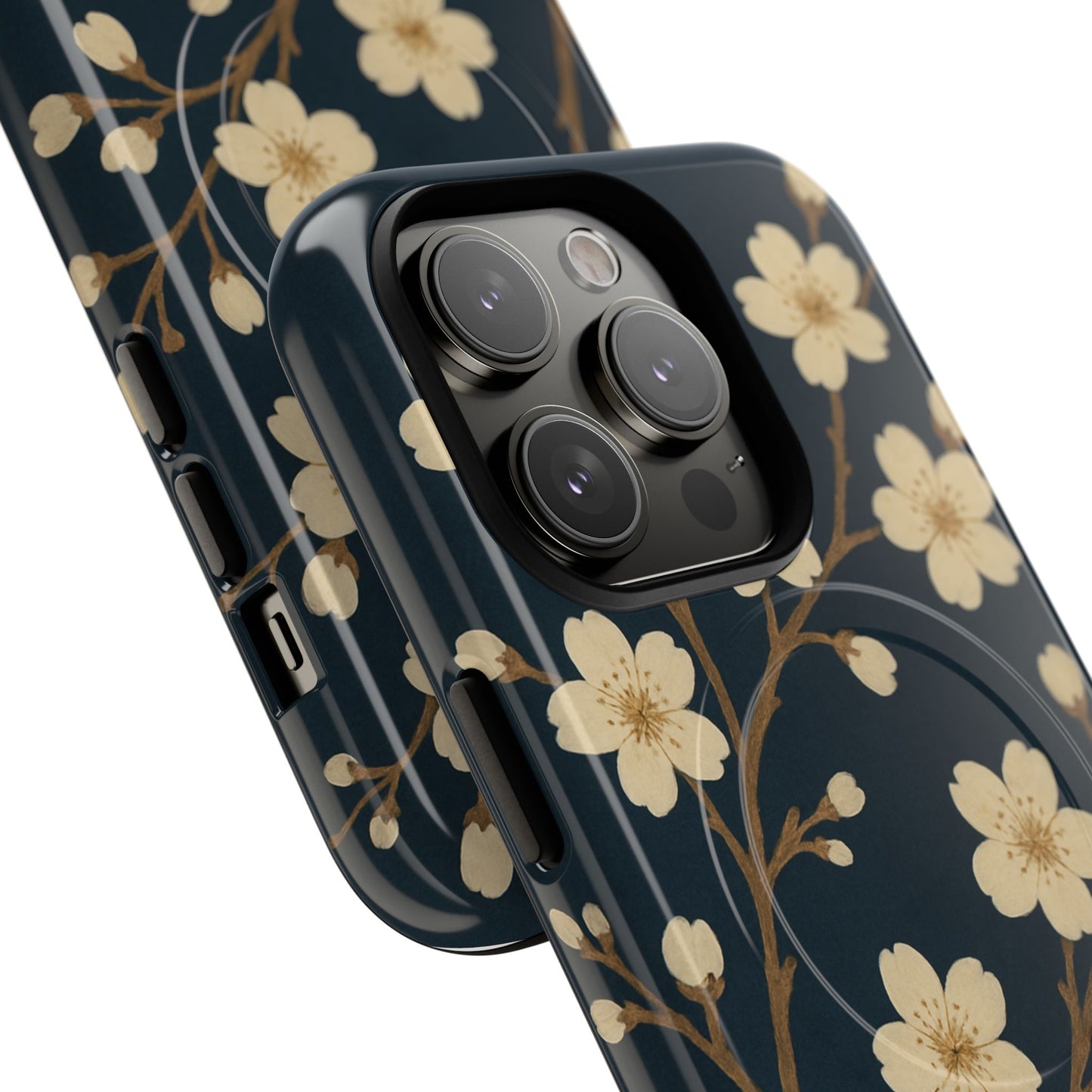 Navy Cherry Blossom Floral iPhone Case - Compatible with MagSafe