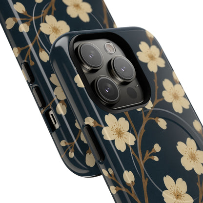 Navy Cherry Blossom Floral iPhone Case - Compatible with MagSafe