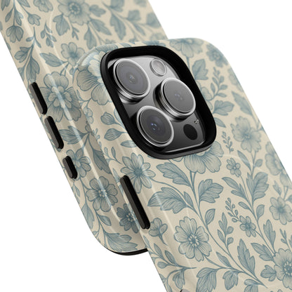 Vintage Blue Floral Tough Case for iPhone - Compatible with MagSafe