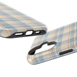 Ranch Check – Blue and Cream Plaid MagSafe Phone Case, glossy vertical dual-camera model, port openings and edge details