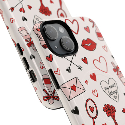Romantic Love Doodle Tough iPhone Case ("LOVE", hearts, roses) (MagSafe compatible)
