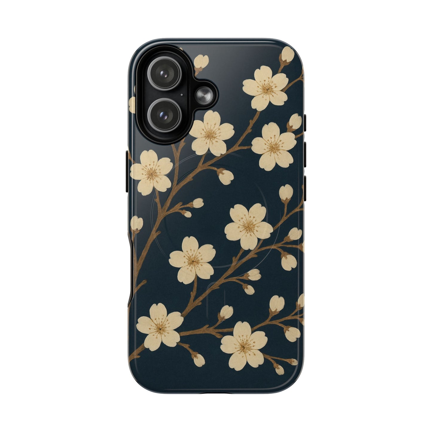 Navy Cherry Blossom Floral iPhone Case - Compatible with MagSafe