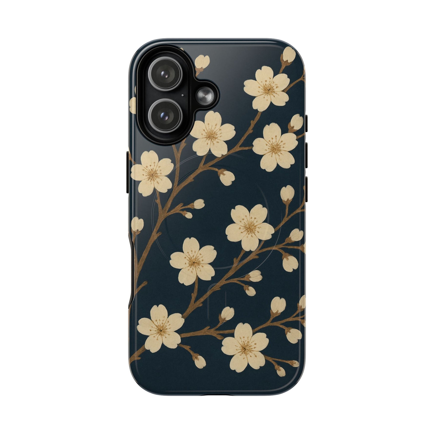 Navy Cherry Blossom Floral iPhone Case - Compatible with MagSafe - Shamo's