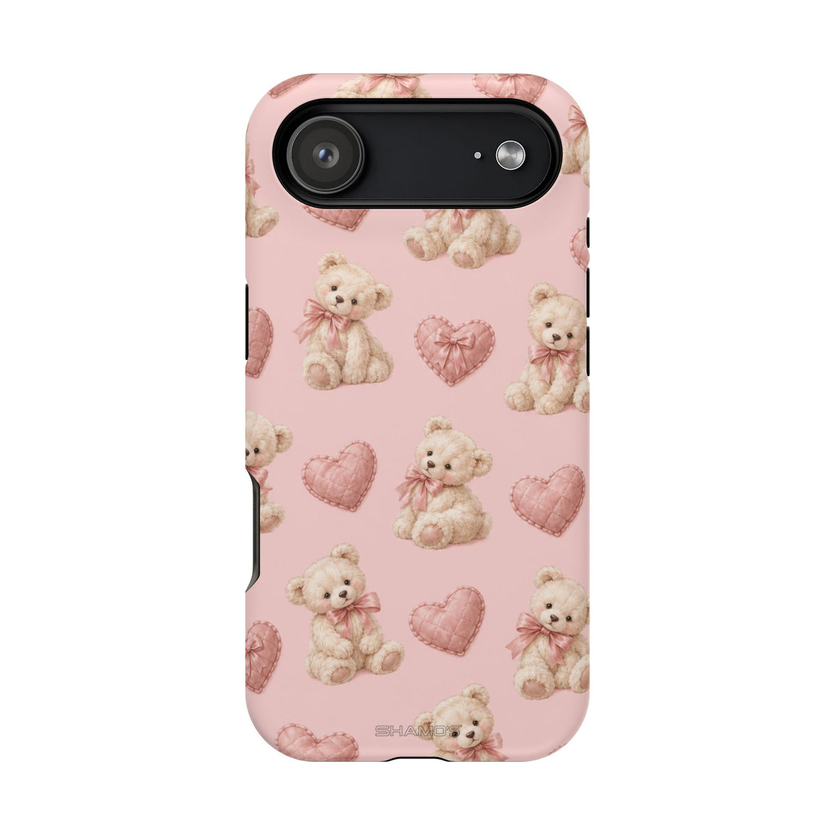 Pink Teddy Hearts Love iPhone Case, Impact-Resistant MagSafe Compatible