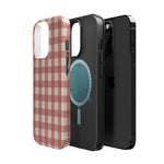Prairie Gingham MagSafe Phone Case, glossy square triple-camera Pro model, exploded shell and liner with magnetic ring