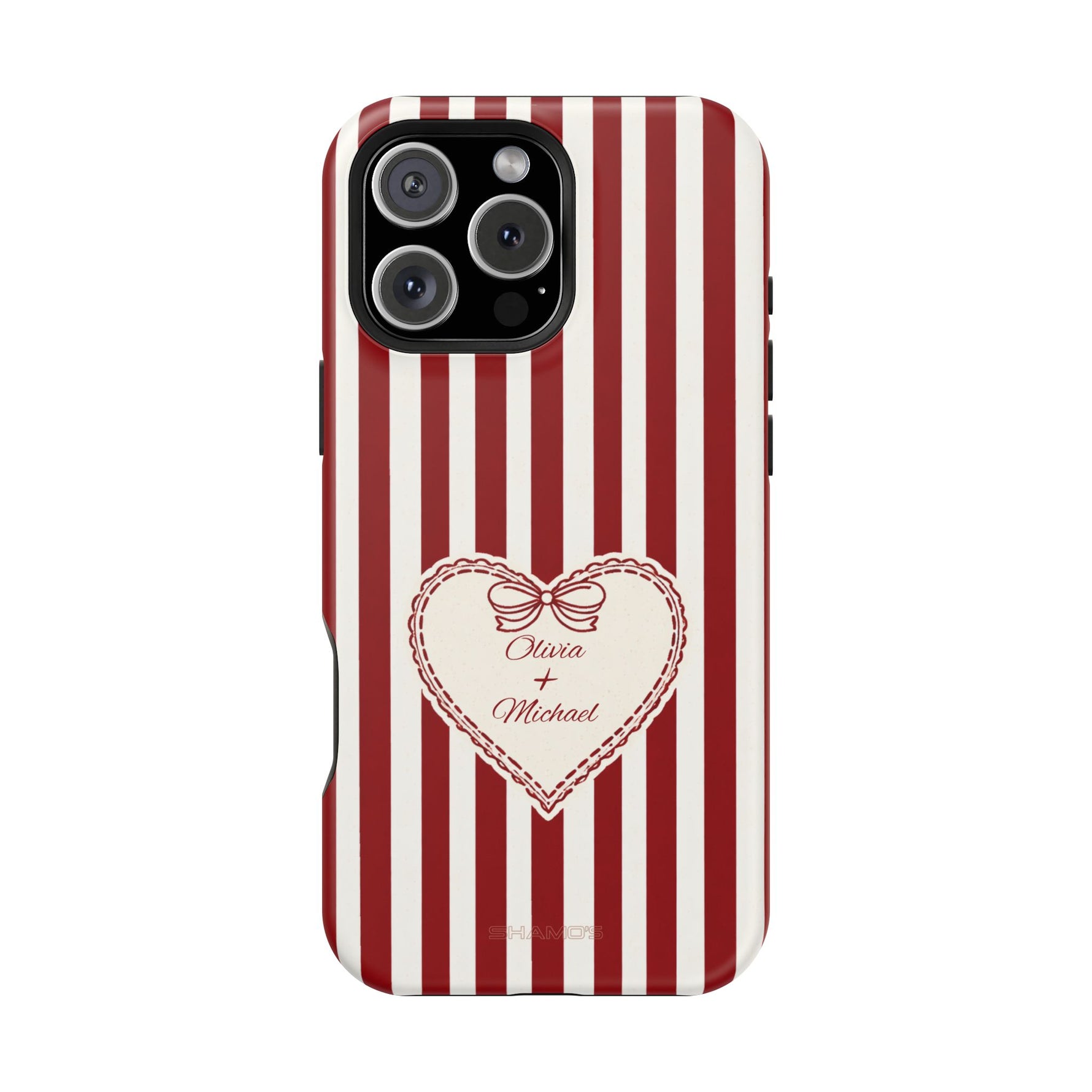 Funda personalizada a rayas — Diseño de corazón rojo y blanco (nombres personalizados)