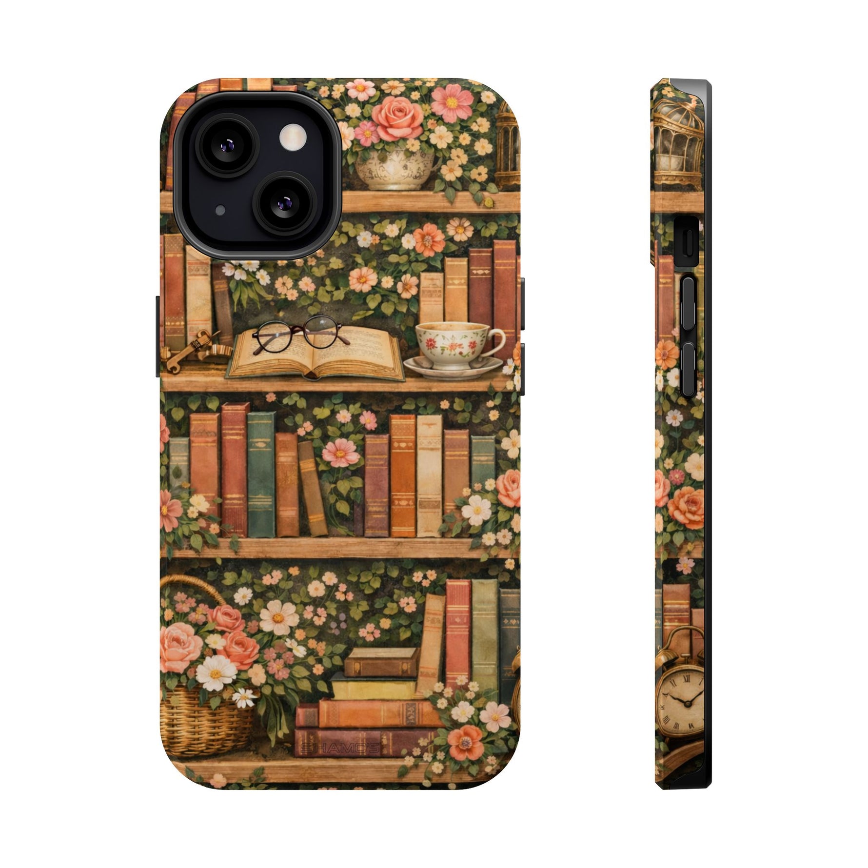 Floral Bookshelf iPhone Case — MagSafe Magnetic, Impact-Resistant