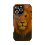 iPhone case with large detailed lion face design, variant size shown with camera cutout