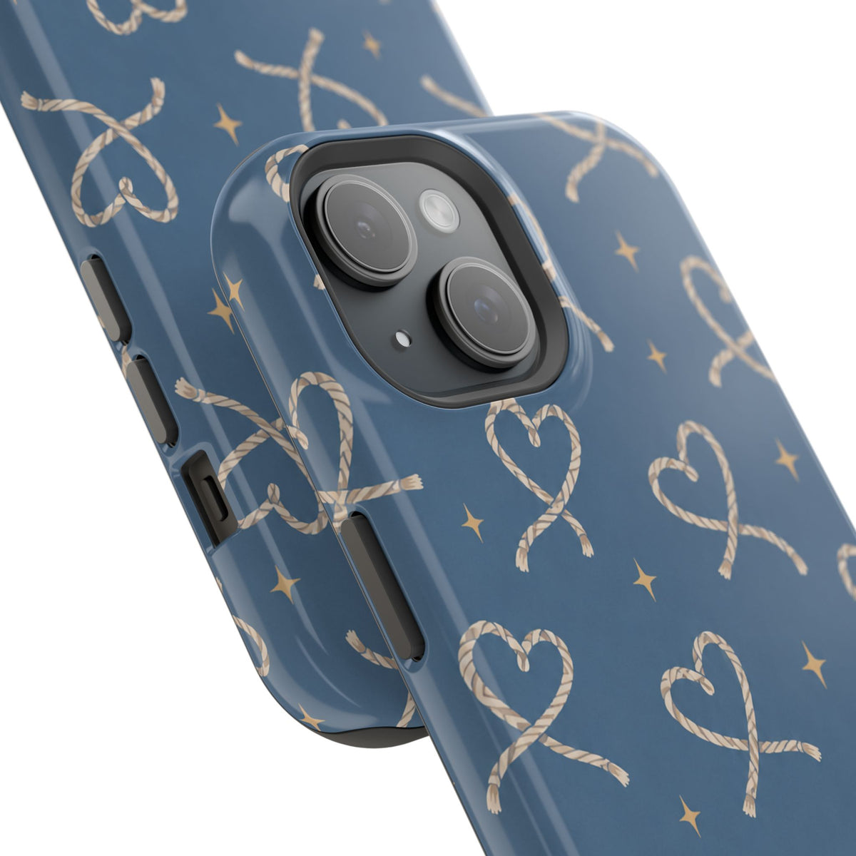 Lasso Hearts – Blue Western Heart MagSafe Phone Case, glossy diagonal dual-camera model, camera and side-button close-up
