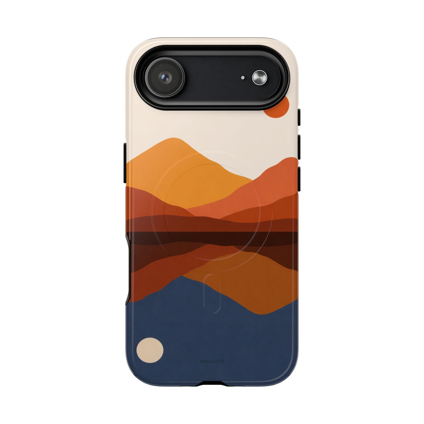 Phone case with orange, red, and blue mountain landscape design, showing camera cutout variant size