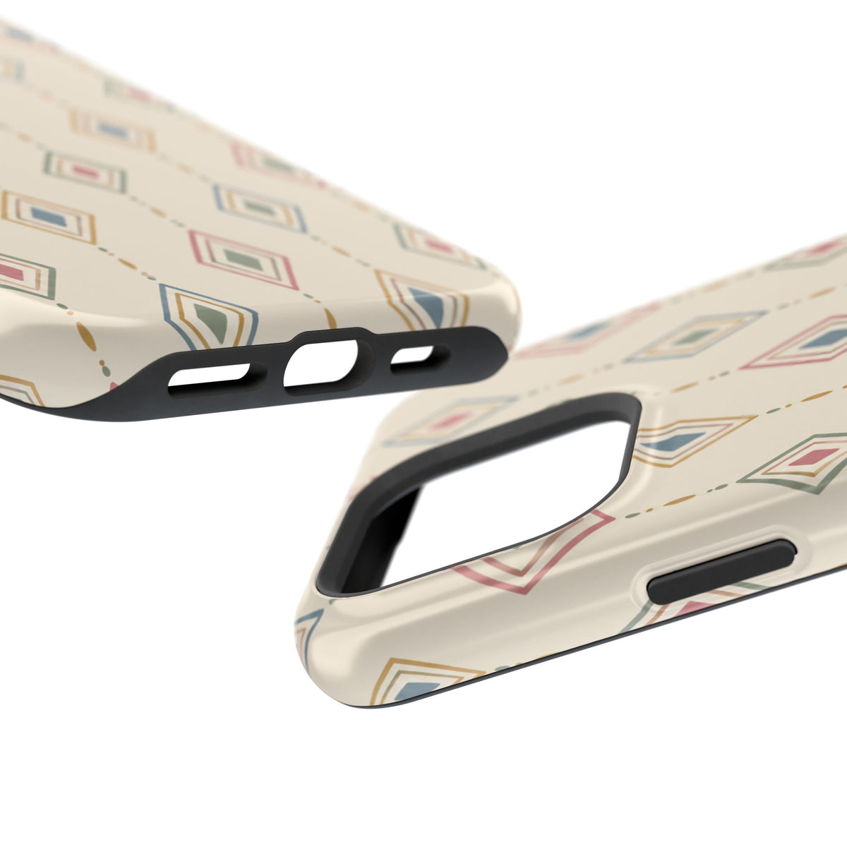 Desert Diamonds – Pastel Geometric Pattern MagSafe Phone Case, glossy square triple-camera Pro model, port openings and edge details