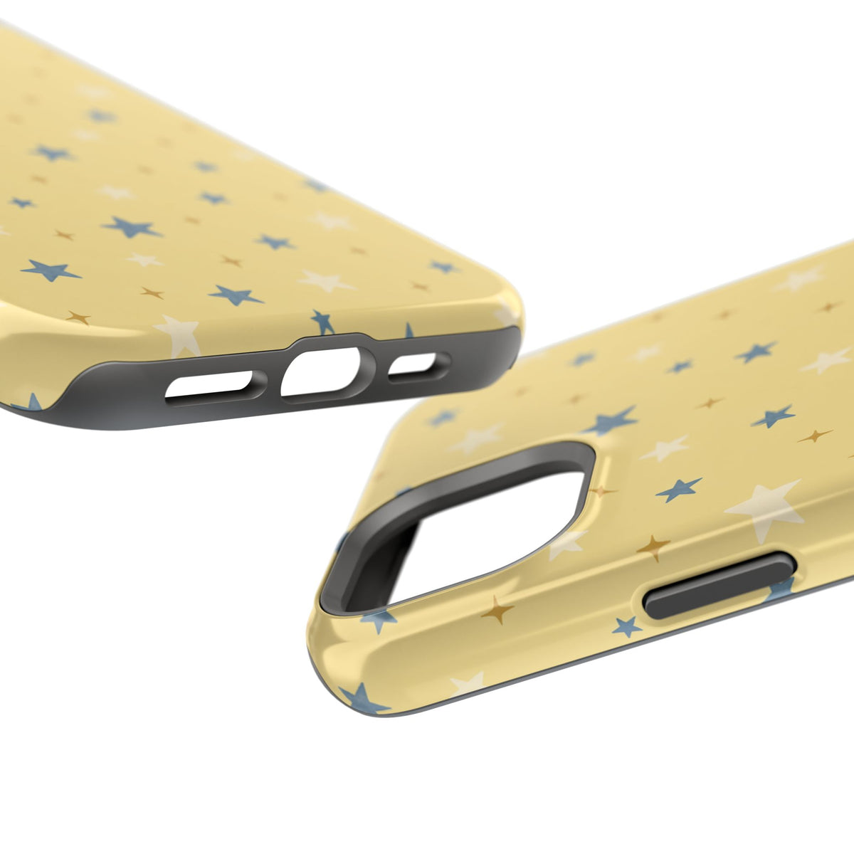 Prairie Stars – Yellow and Blue Star MagSafe Phone Case, glossy diagonal dual-camera model, port openings and edge details