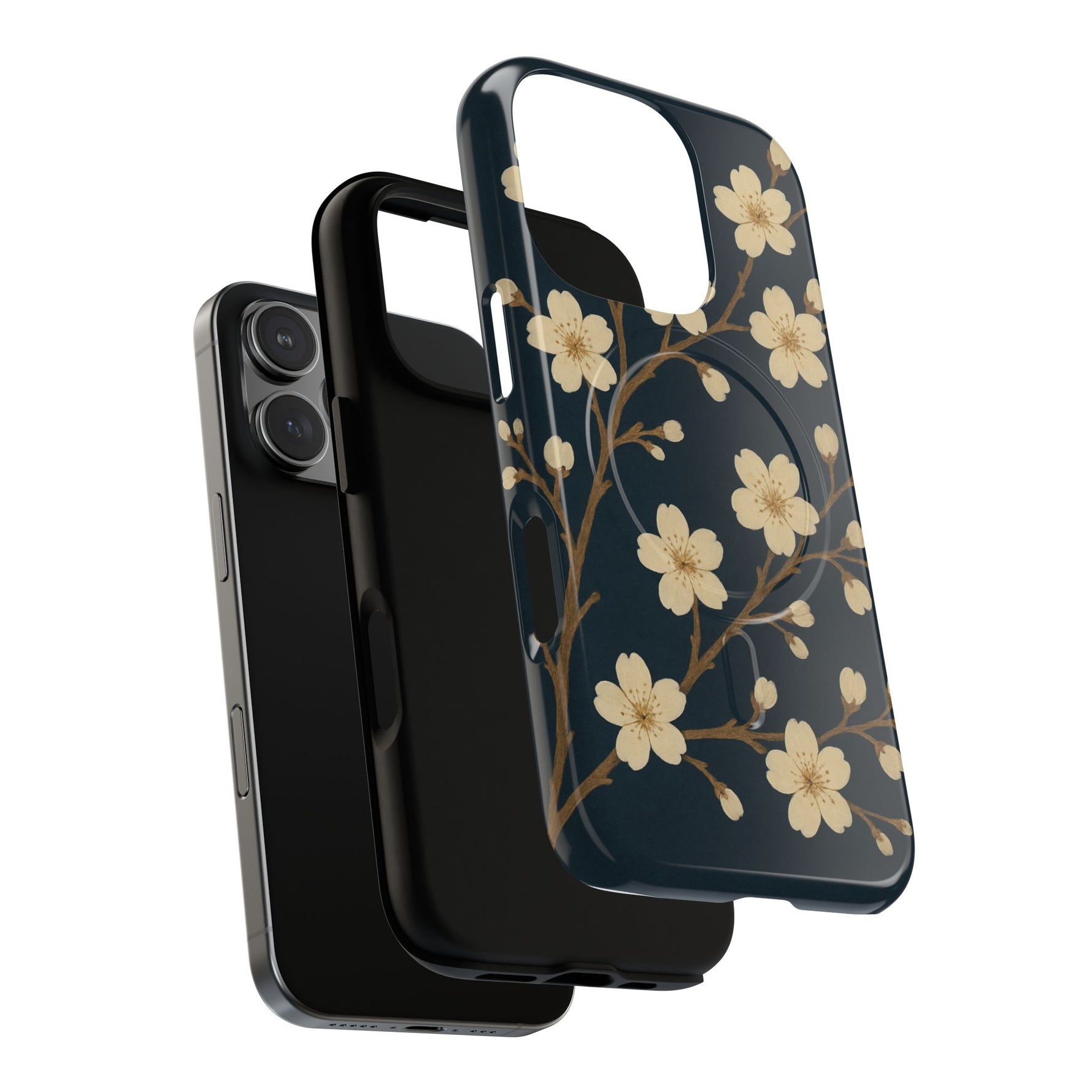 Navy Cherry Blossom Floral iPhone Case - Compatible with MagSafe - Shamo's