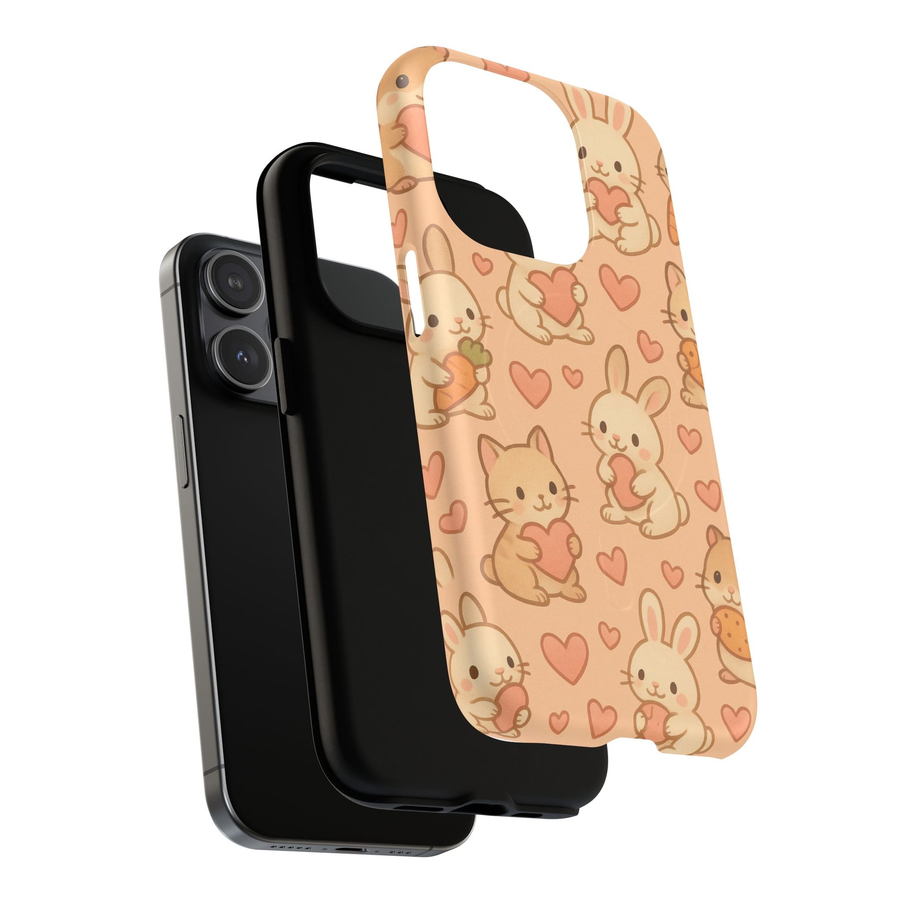 Cozy Critter Friends iPhone Case — Cute Bunny & Kitten Heart Pattern with MagSafe - Shamo's