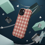 Prairie Gingham MagSafe Phone Case, glossy diagonal dual-camera model, rear view with magnetic accessories