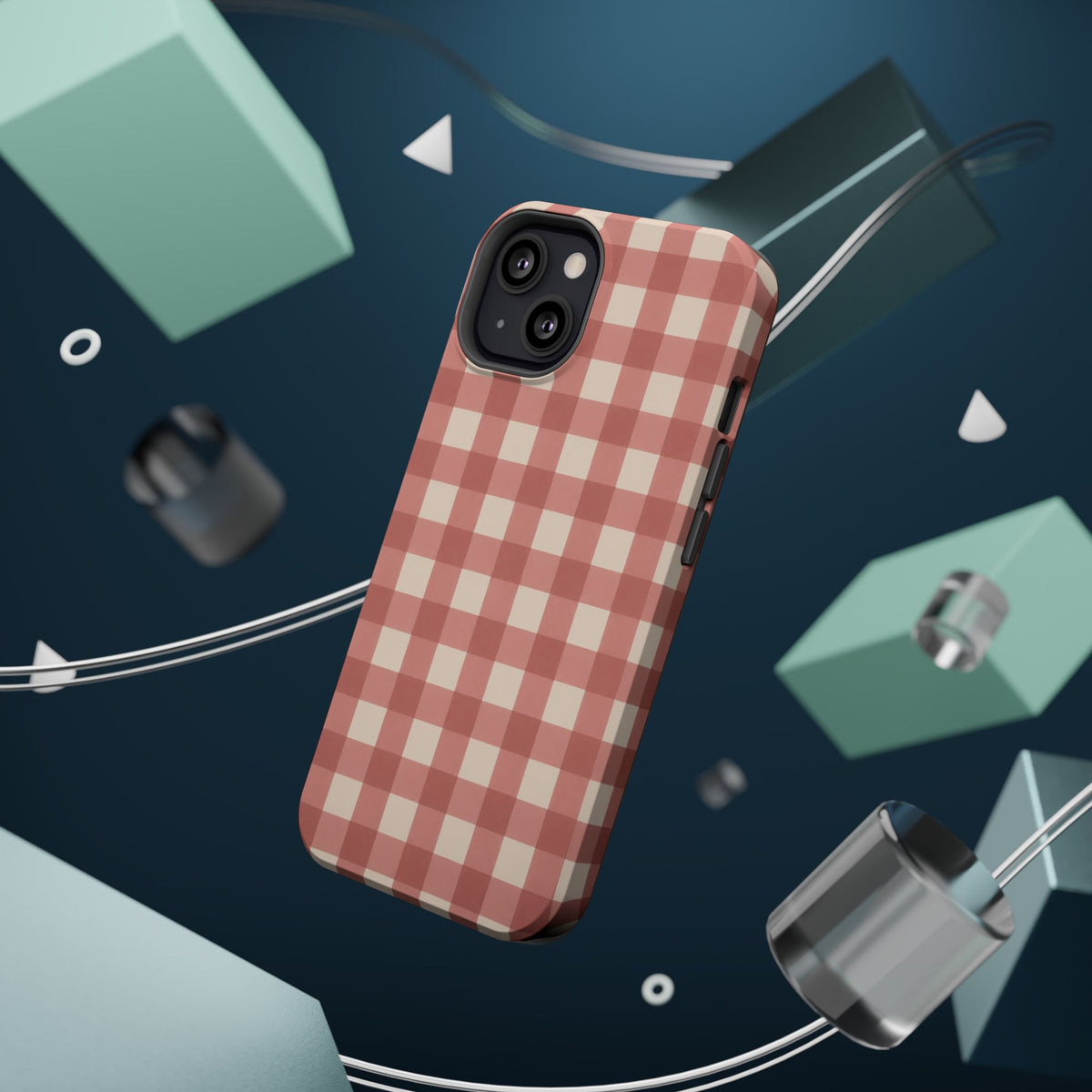 Prairie Gingham MagSafe Phone Case, glossy diagonal dual-camera model, rear view with magnetic accessories
