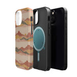Sunset Trails – Desert Landscape MagSafe Phone Case, glossy diagonal dual-camera model, exploded shell and liner with magnetic ring