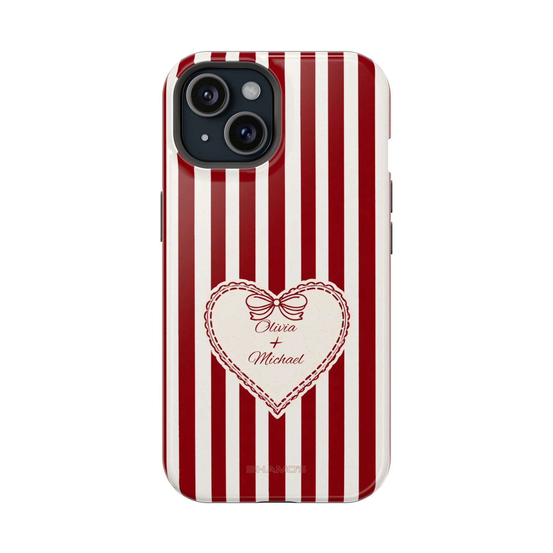 Funda personalizada a rayas — Diseño de corazón rojo y blanco (nombres personalizados)