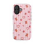 Pink Teddy Hearts Love iPhone Case, Impact-Resistant MagSafe Compatible