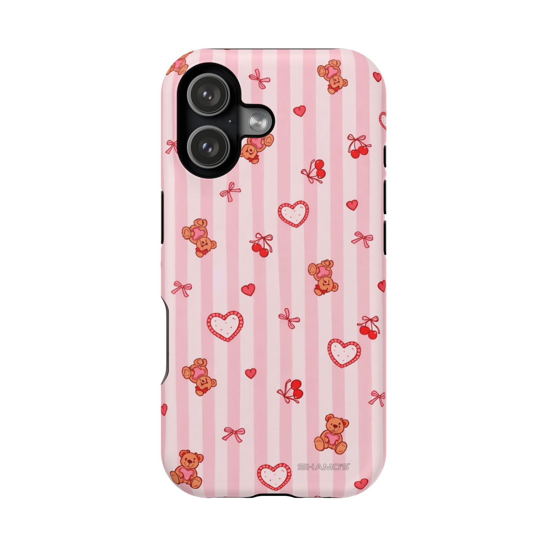 Pink Teddy Hearts Love iPhone Case, Impact-Resistant MagSafe Compatible