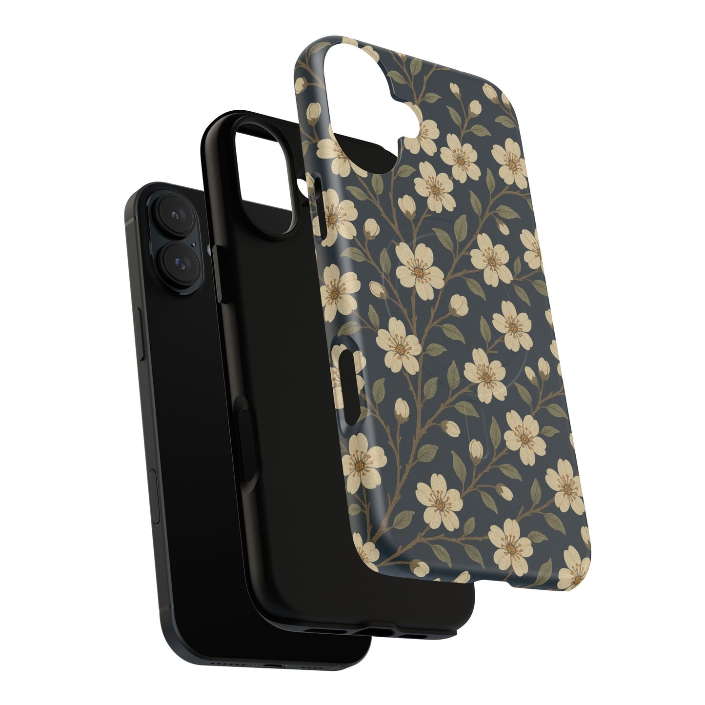 Navy Cherry Blossom Floral iPhone Case - Compatible with MagSafe