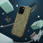 Golden Meadow – Sage Green Wildflower MagSafe Phone Case, glossy square triple-camera Pro model, rear view with magnetic accessories