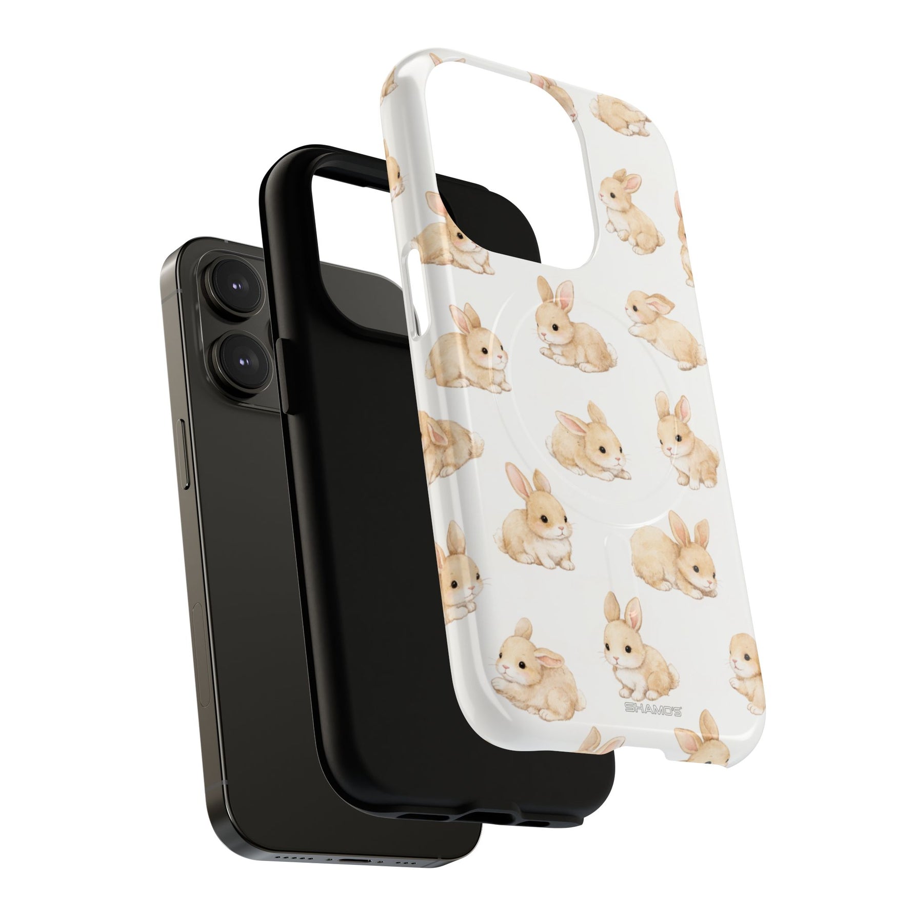 Black smartphone with two protective case variants, one plain black and one white with cute bunny pattern