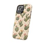 Cactus Bloom – Sage Green Floral Cactus MagSafe Phone Case, glossy square triple-camera Pro model, angled rear view