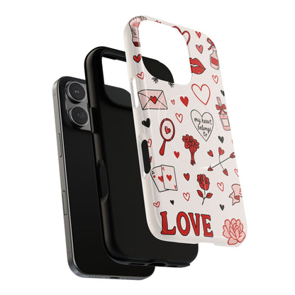 Romantic Love Doodle Tough iPhone Case ("LOVE", hearts, roses) (MagSafe compatible)