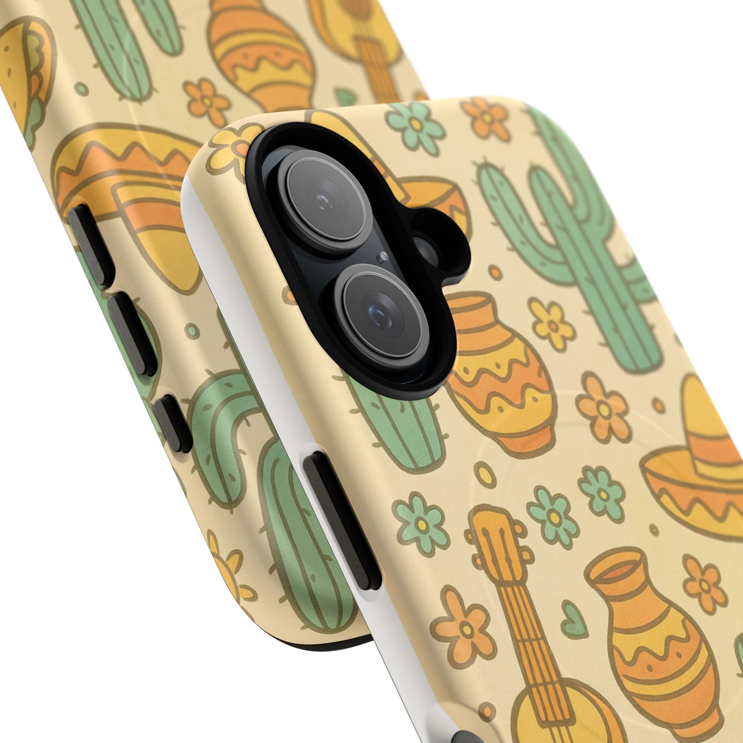 Mexico Hand-Drawn Cactus Pattern iPhone Case – Cute Desert Guitar & Sombrero Design | with MagSafe