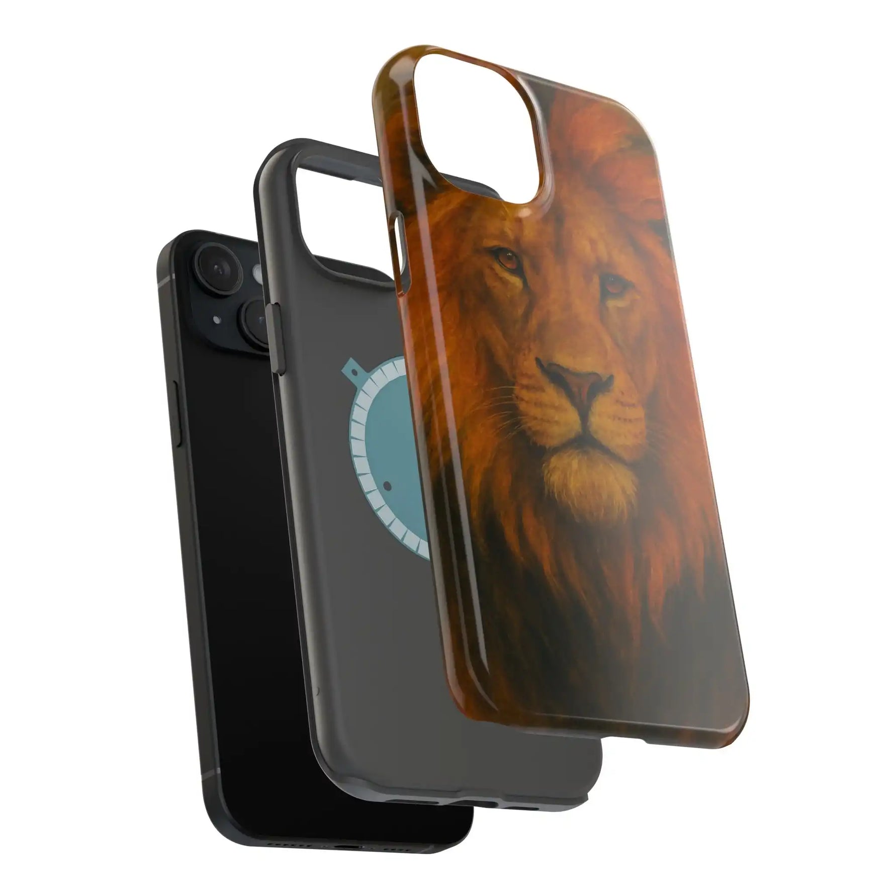 Three phone cases on black smartphone, lion face design case in front showing variant size