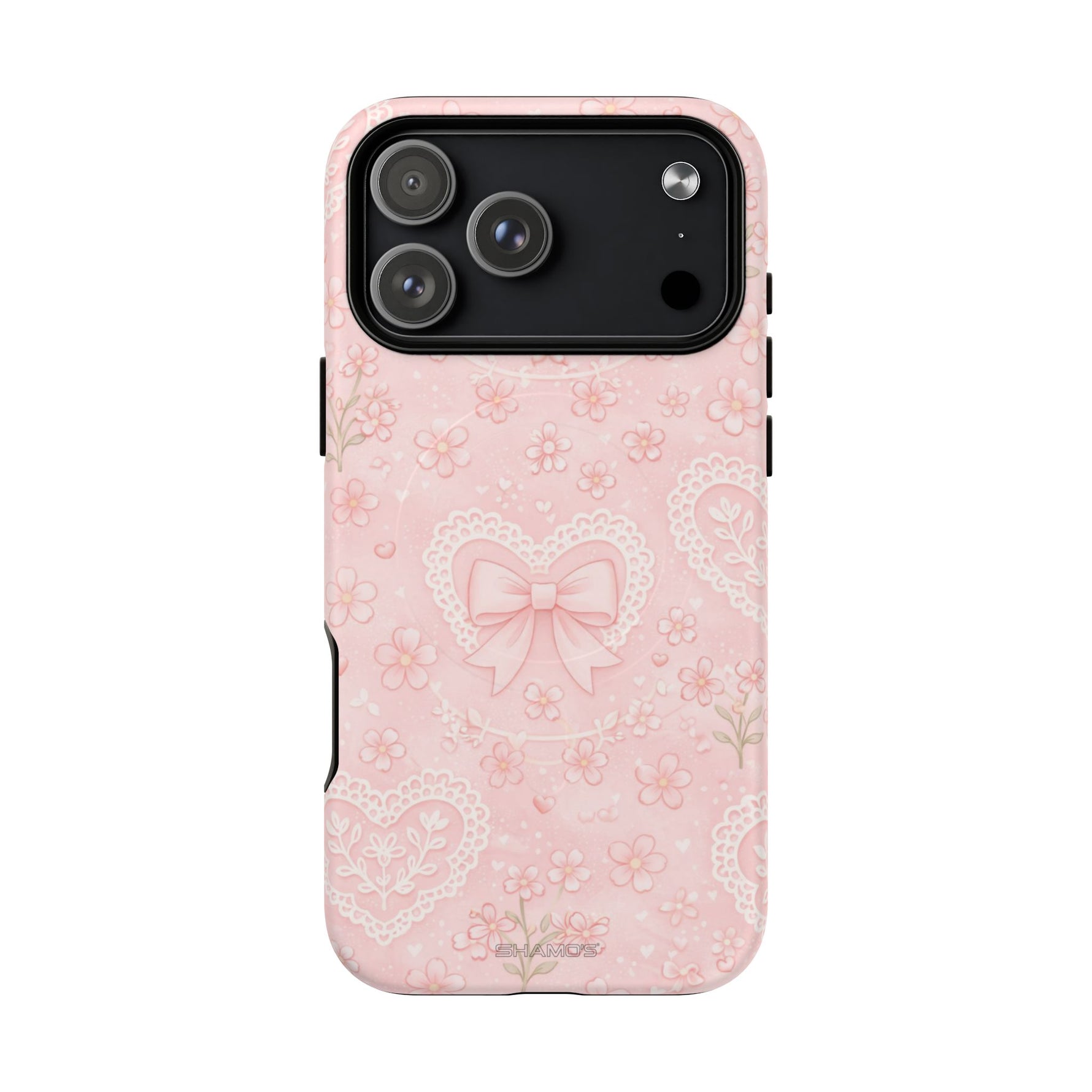 Balletcore Pink Floral Lace iPhone Case with Bow | Works with MagSafe - iPhone 17 Pro Max / Matte - Shamo's